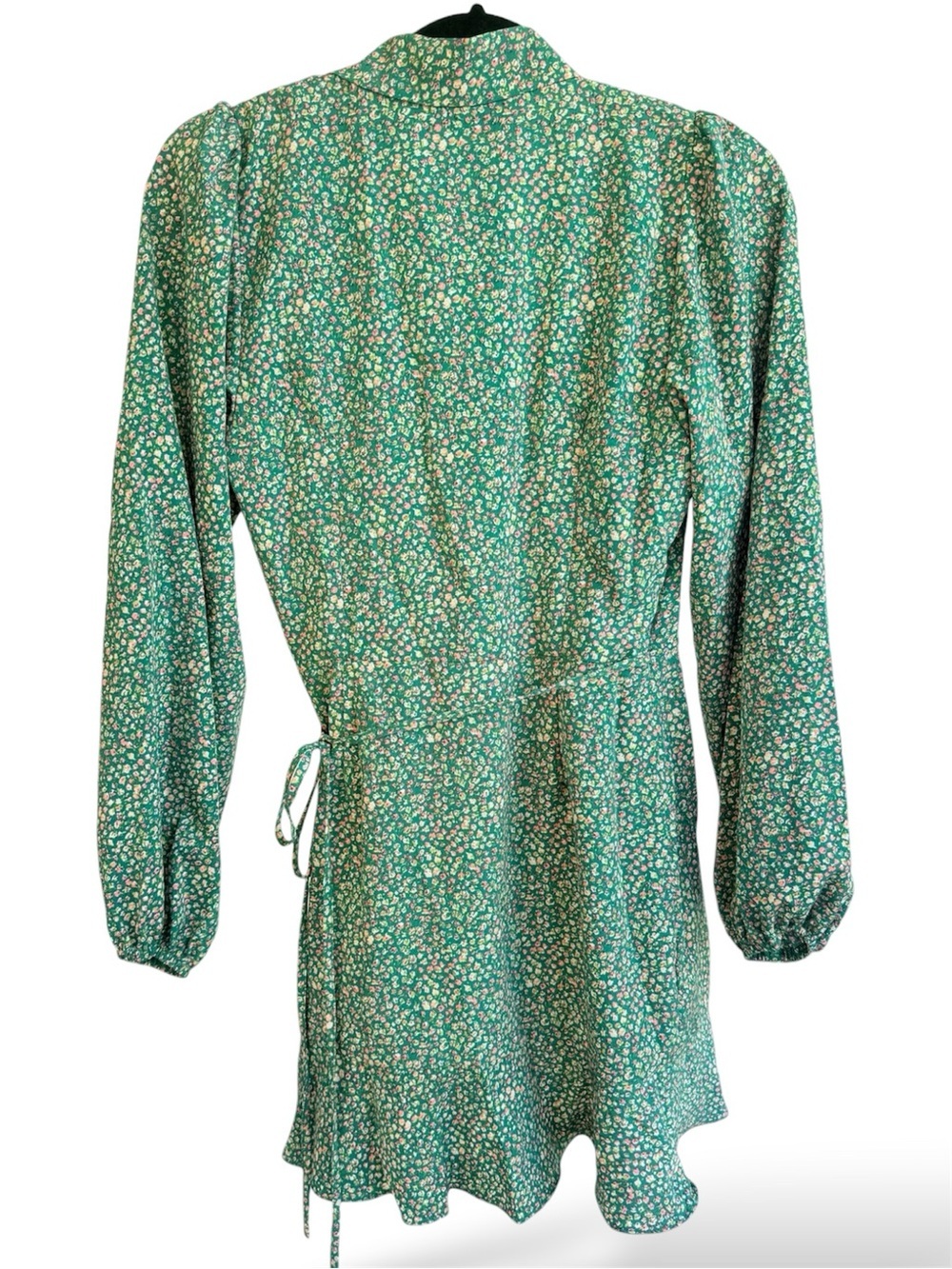 Lulus Totally Cute Time Green Floral Wrap Mini Dress NWT Small Ruffle Hem - Picture 4 of 10